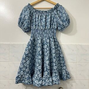 Genevieve Gozum L XL Blue Floral Puff Sleeves Whimsical Cottagecore Mini Dress